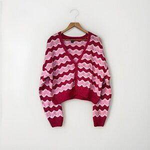 Primark Acrylic Pink Wavy Striped Cardigan Sweater Size Medium White